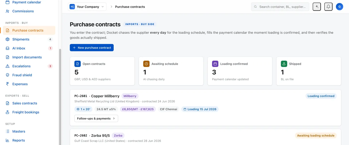 Docket purchase contracts: each contract with its tonnage, price, incoterm and loading status, and the daily AI chase log for the one still awaiting a loading schedule.