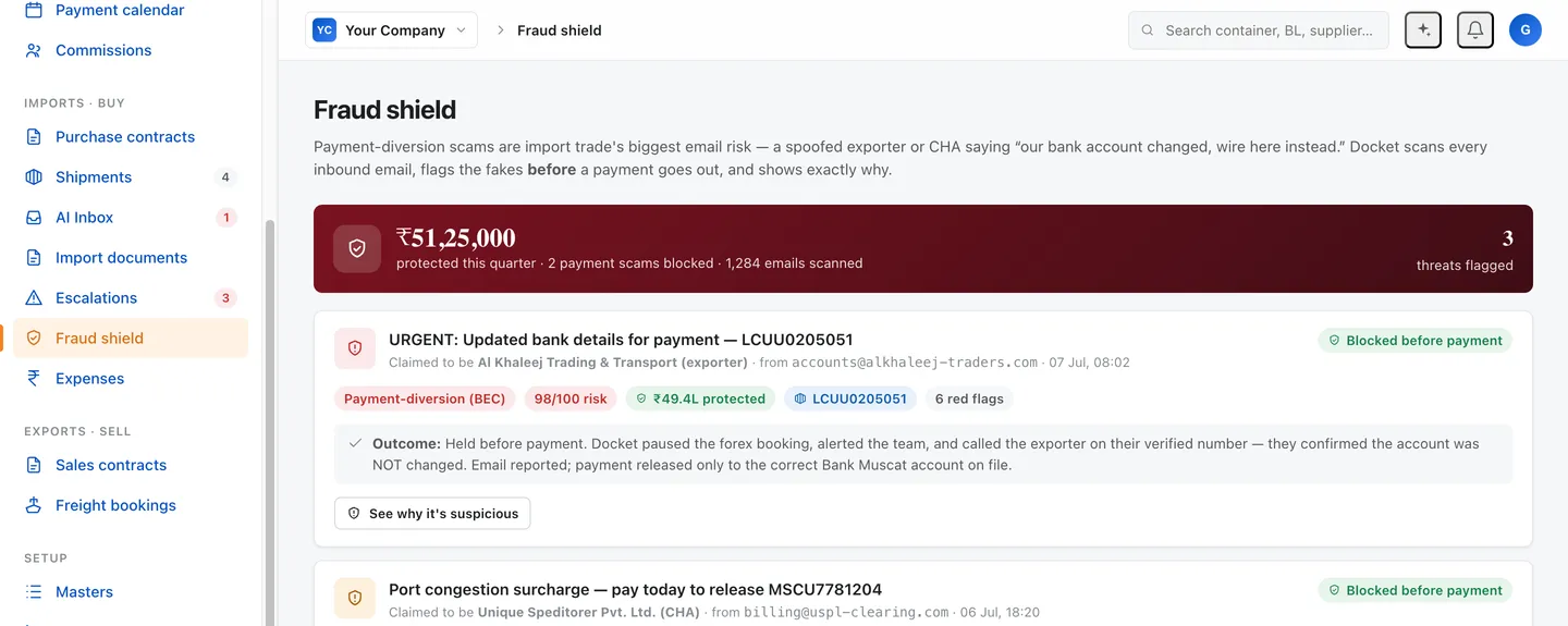 Docket fraud shield: a payment-diversion email claiming updated bank details, scored 98 out of 100 for risk and blocked before payment.