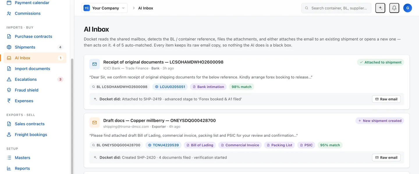 Docket AI inbox: incoming emails matched to a shipment with a confidence score, and the action taken on each.